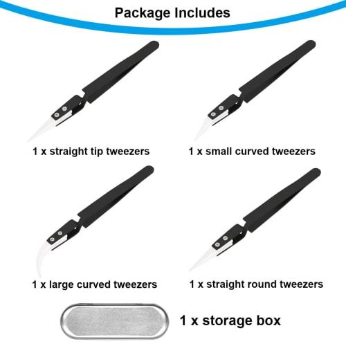 ZHUROUPU 4-Piece Reverse Tweezers, Precision Ceramic Stainless Steel ESD Tweezers with Non-Conductive Heat-Resistant Anti-Magnetic Pointed & Curved Ti