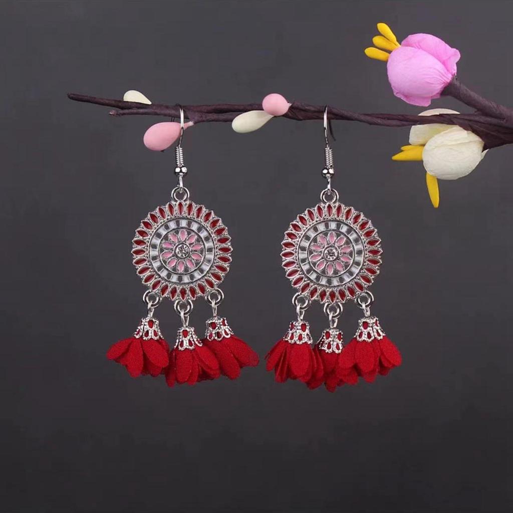 Bohemian Turquoise Owl Dream Catcher Tassel Earrings for Women