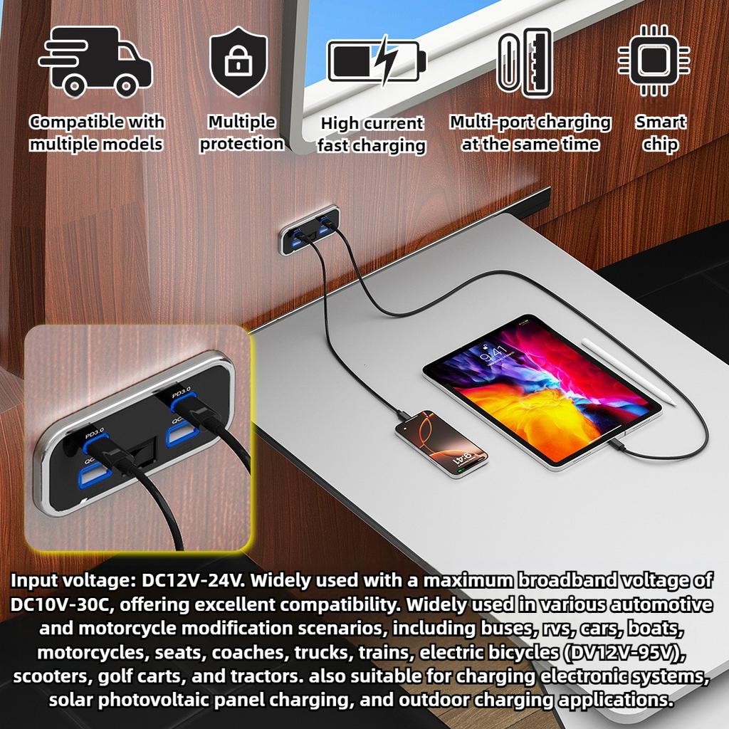 4-Port 24V RV Type-C USB Outlet QC3.0 USB-A & PD3.0 Quick Charge Socket Charger Panel for Car Boat ATV Motorcycle Bus Caravan