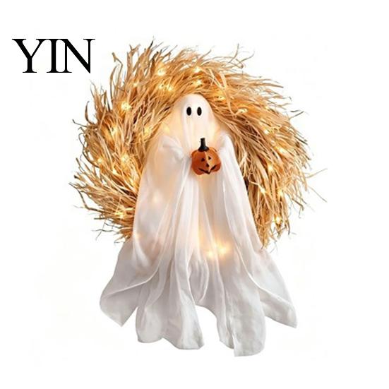 Halloween Night Tour Ambience 68cm Glowing Ghost Wreath Door Hanger, Light Up Spooky Battery Operated Garland with Pumpkin, Festive Home Ornament for