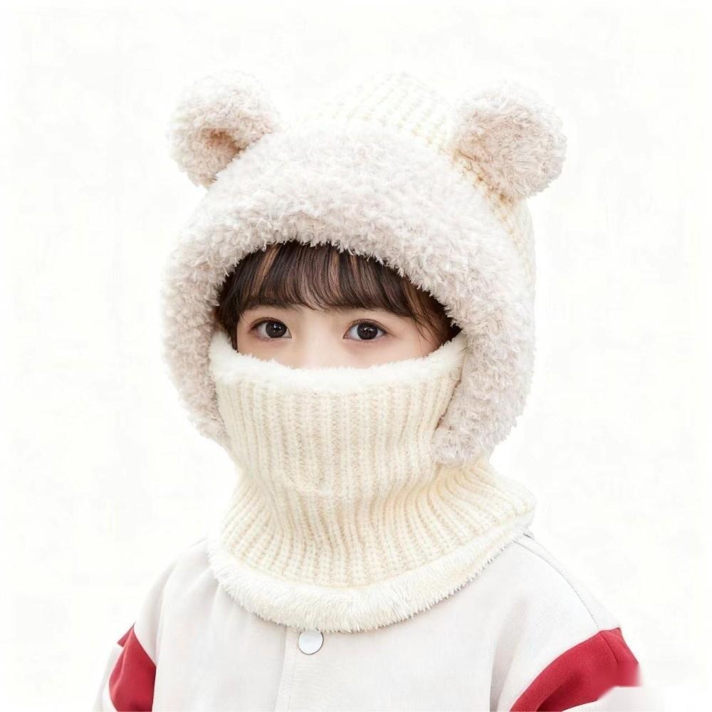 Fluffy Bear Ear Knitted Hat Solid Color Scarf Cap Fashion Baby Hooded Hat Toddler