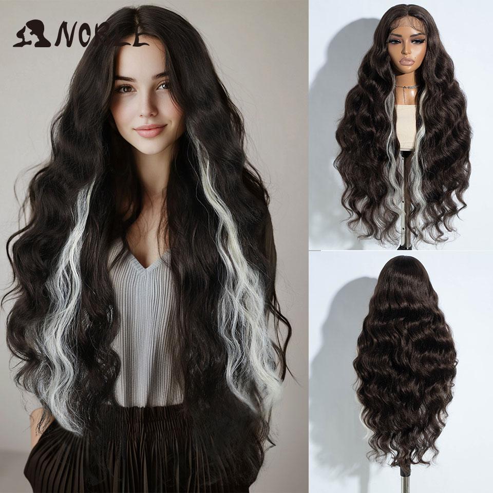 

Noble Synthetic Lace Front Wigs For Women 32 inch Body Wave Ombre Brown Blonde Lace Wig Highlight Cosplay Wigs Heat Resistant (as the picture,130%&32inches&Lace Front)
