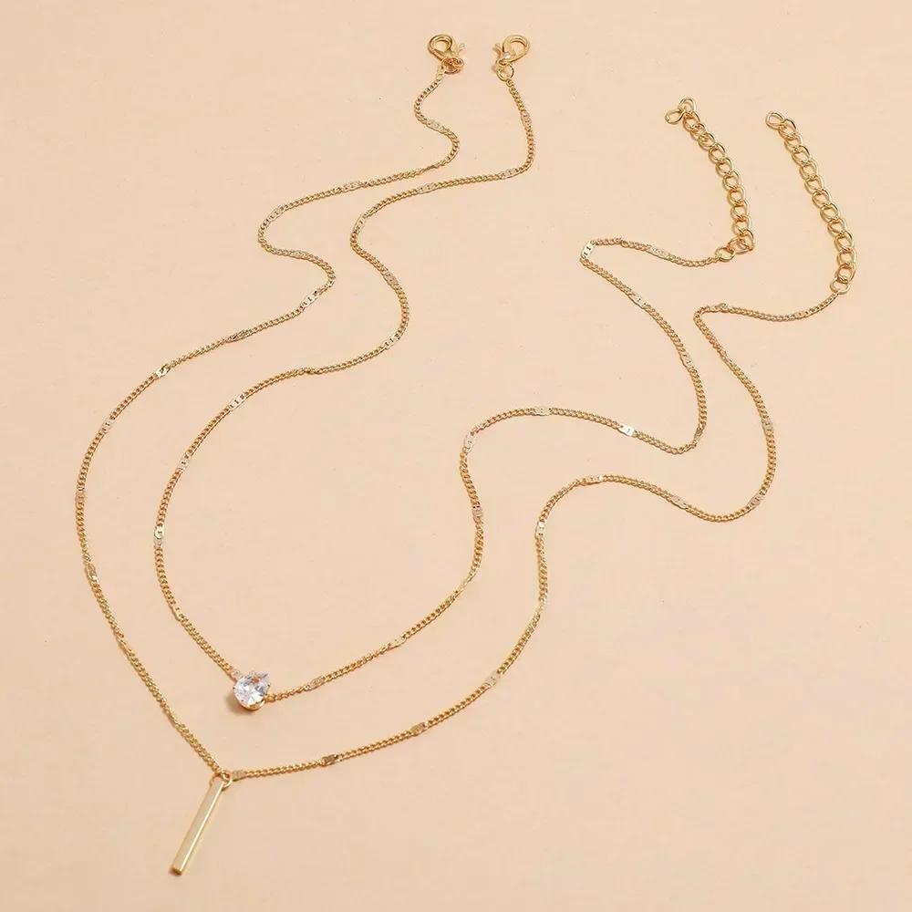 Double Layer Water Drop Rhinestone Necklace Two-piece Set Stacking Long Tassel Pendant Clavicle Chain Jewelry for Women