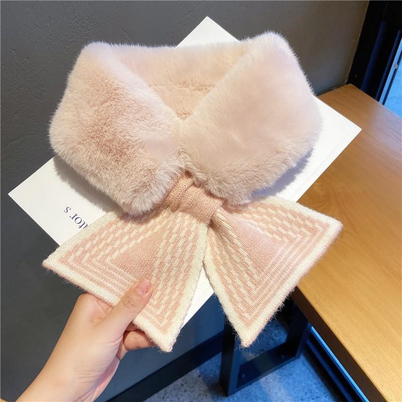 Women Winter Warm Thicken Cross Collar Neck Warmer Solid Color Faux Rabbit Fur Plush Elegant Knitted Shawl Scarfs