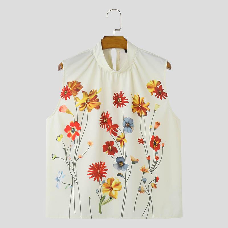 

INCERUN Мужские топы без рукавов с цветочным принтом и высоким воротом, летний жилет L бежевый