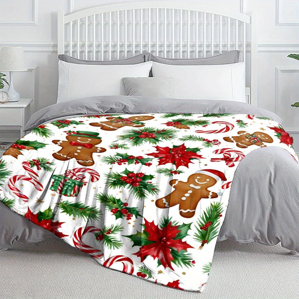 Christmas Gingerbread & Holly Pattern Fleece Throw Blanket - All-Season Chunky Knit Polyester, Machine Washable, Uncharged, Soft