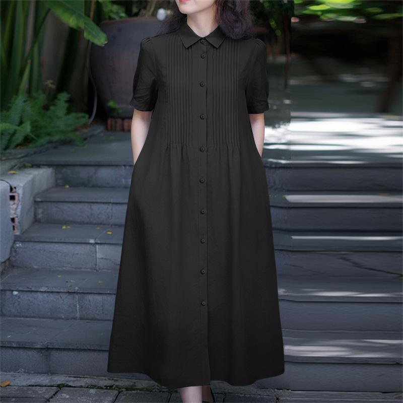 ZANZEA Vestido largo casual para mujer con cuello vuelto y manga corta