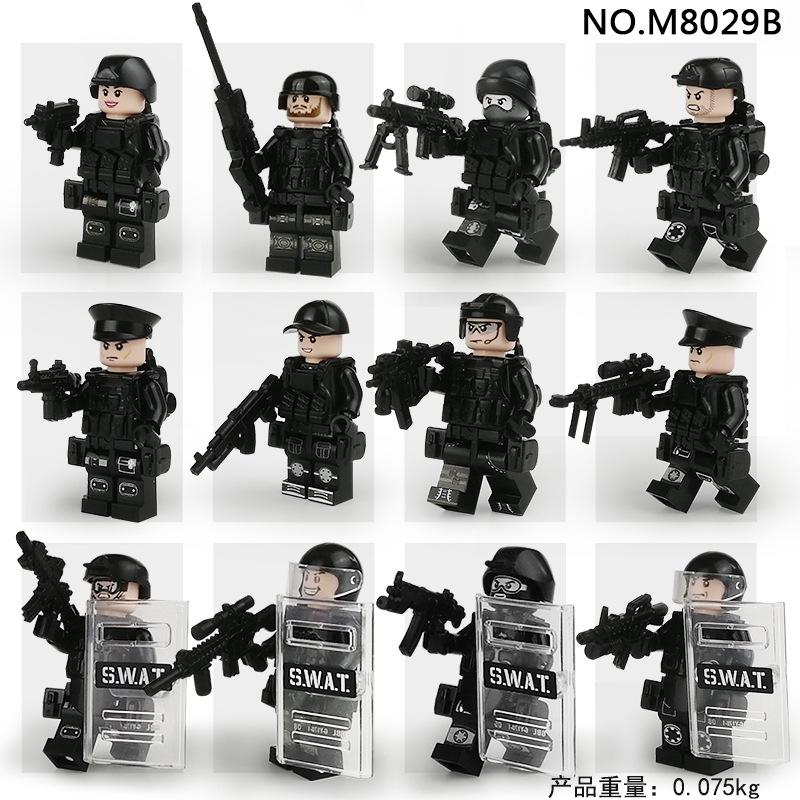 M8029A 8029B Black Swat Building Block Figurine Police Doll Ornament Small Particle Splicing Boy Toy Bag