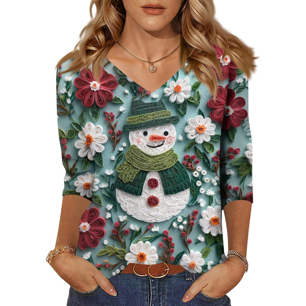 Women's Tops Three-quarter Sleeve Shirt V-neck Loose Casual Shirt Print T-shirt