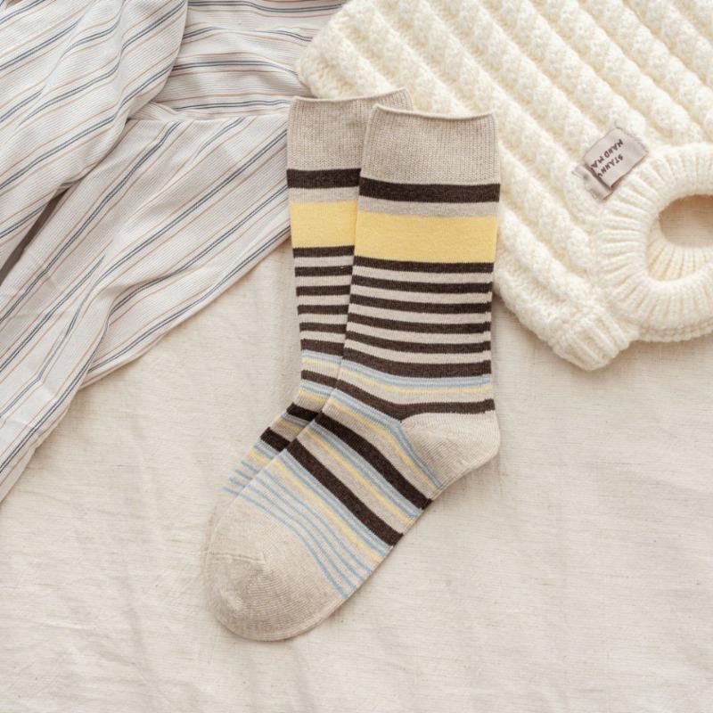 Retro Color-blocking Striped Mid-calf Socks for Women, Breathable Autumn and Winter Birken Shoes, Double-needle Pile Socks