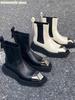 Fashion Metal Stitching Fashion Square Toe Boots 2025 Women's Style Thick Sole Motorcycle Style Slip On Short Boots Black Real Leather