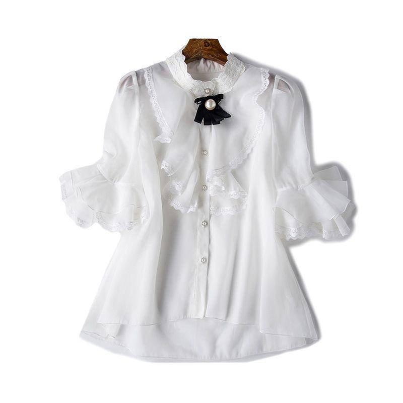 

Новинка Новое поступление Доступная роскошь Светская львица Однотонные топы Женские Рюши Вышивка Бисер Рубашка Высококлассная Приталенная рубашка Милая Milky White XL