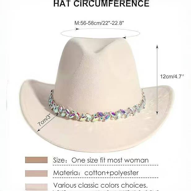 White felt western cowboy hat, sun hat, summer new hat, rhinestone women's top hat, British hat