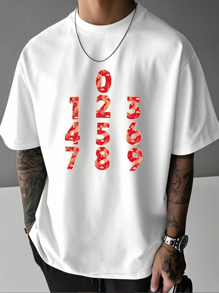 Unisex Summer White Short Sleeve Tee Red Dragon Print Number 0 9 Graphic Crew Neck Loose Casual Male Daily Streetwear Tops