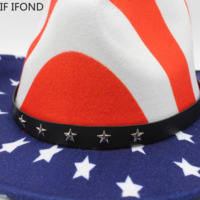 New USA Flag Print Western Cowboy Hat For Women's Men Fashion Party Panama Fedoras Hat Cowgirl Felt Jazz Cap