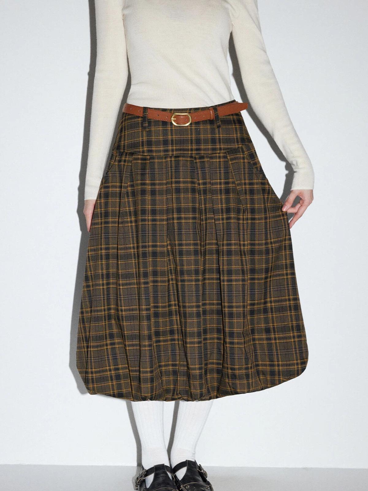 MoodBerry Retro Brown Plaid A-Line Skirt: Women s High Waist Mid-Length for Autumn/Winter Medium коричневый