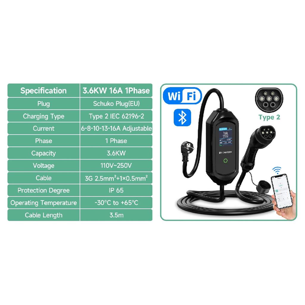 AFYEEV 3600W Portable Type2 IEC62196-2 EV Charger Type1 SAE J1772 Electric Car Charger GBT EVSE Charging Cable Wallbox EU Plug