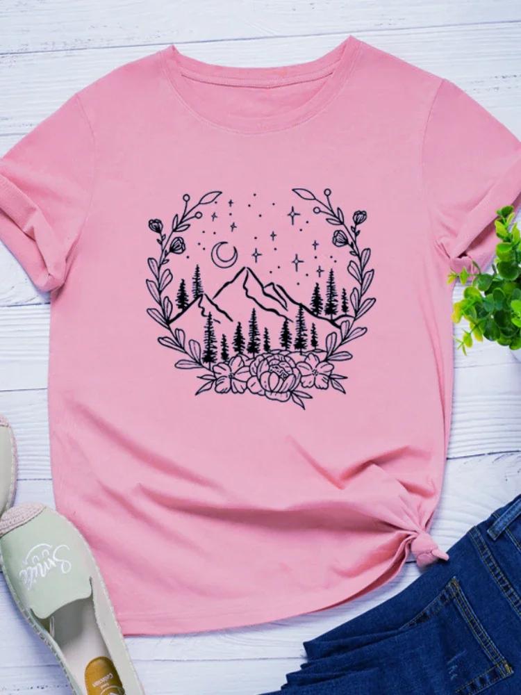 Kranz Mond Berg Druck Damen T-Shirt Kurzarm O-Ausschnitt Locker Damen T-Shirt Damen T-Shirt Tops Kleidung Camisetas Mujer