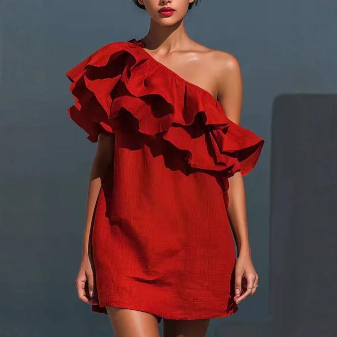 Europe and the United States hot casual fashion new ruffle edge slanted shoulder dress