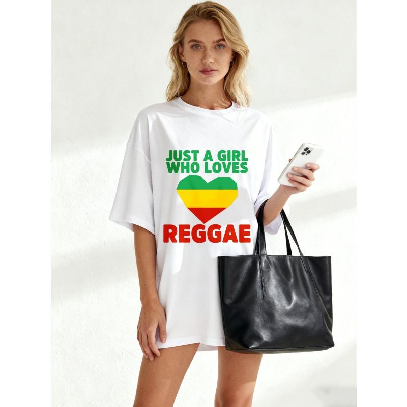 Oversized T Shirt Black Just A Girl Who Loves Reggae With Rasta Heart Print Casual Streetwear For Women Music Festival Party Wear