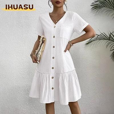 Abiti casual con scollo a V a maniche corte con stampa tinta unita primavera estate moda donna