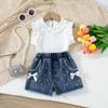 Baby Girls 2-Piece Outfit, Ribbed Ruffle Neck Top and Embellished Denim Shorts