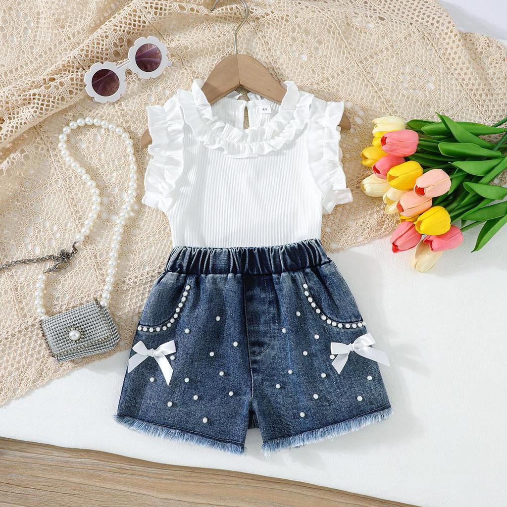 Baby Girls 2-Piece Outfit, Ribbed Ruffle Neck Top and Embellished Denim Shorts