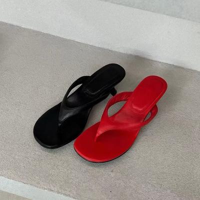 Versione in pelle di vacchetta~ Scarpe infradito da donna con tacco sottile e tacco a gatto, versatili, per l'estate, da spiaggia, pantofole fresche