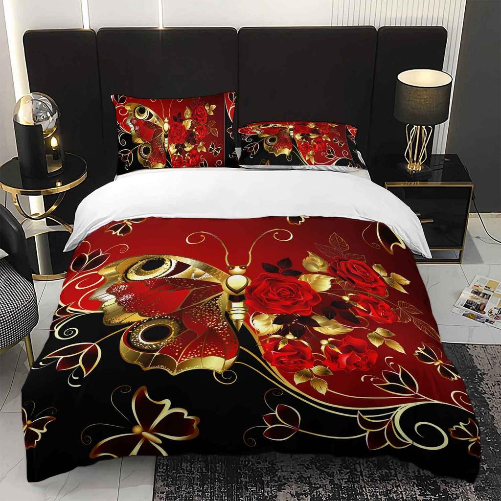 3pcs Red Rose Golden Butterfly Bedding Set Luxury Butterfly Duvet Cover Set Romantic Themed Quilt Cover Set Elegant Design