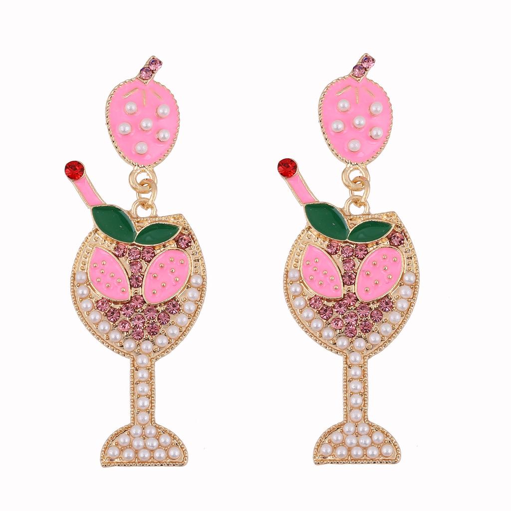 European and American New Cute Color Drip Oil Fashion Strawberry Wine Glass Earrings Pearl Alloy Diamond-encrusted Goblet Earrings Women