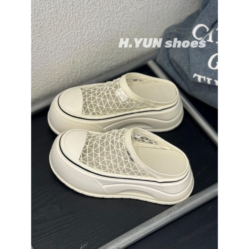Summer new baotou mesh rhinestone slippers women's shell head outer wear thick bottom heightening muffin half slippers