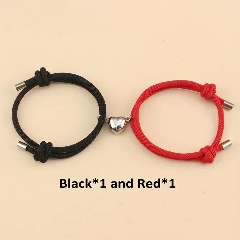 2pcs/set Magnetic Heart Charm Braided Rope Adjustable Bracelets For Couples, Holiday Birthday Gift For Boyfriends / Girlfriends