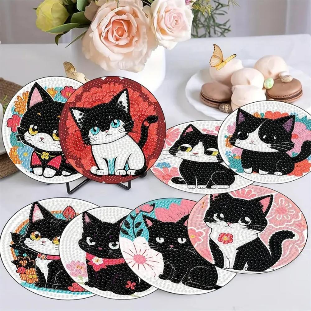 8 Stück/Set Untersetzer mit Diamantmalerei-Katzenmuster, DIY-Untersetzer mit Halter, Geeignet für Anfänger und Erwachsene, Kunst- und Bastelbedarf Geschenke