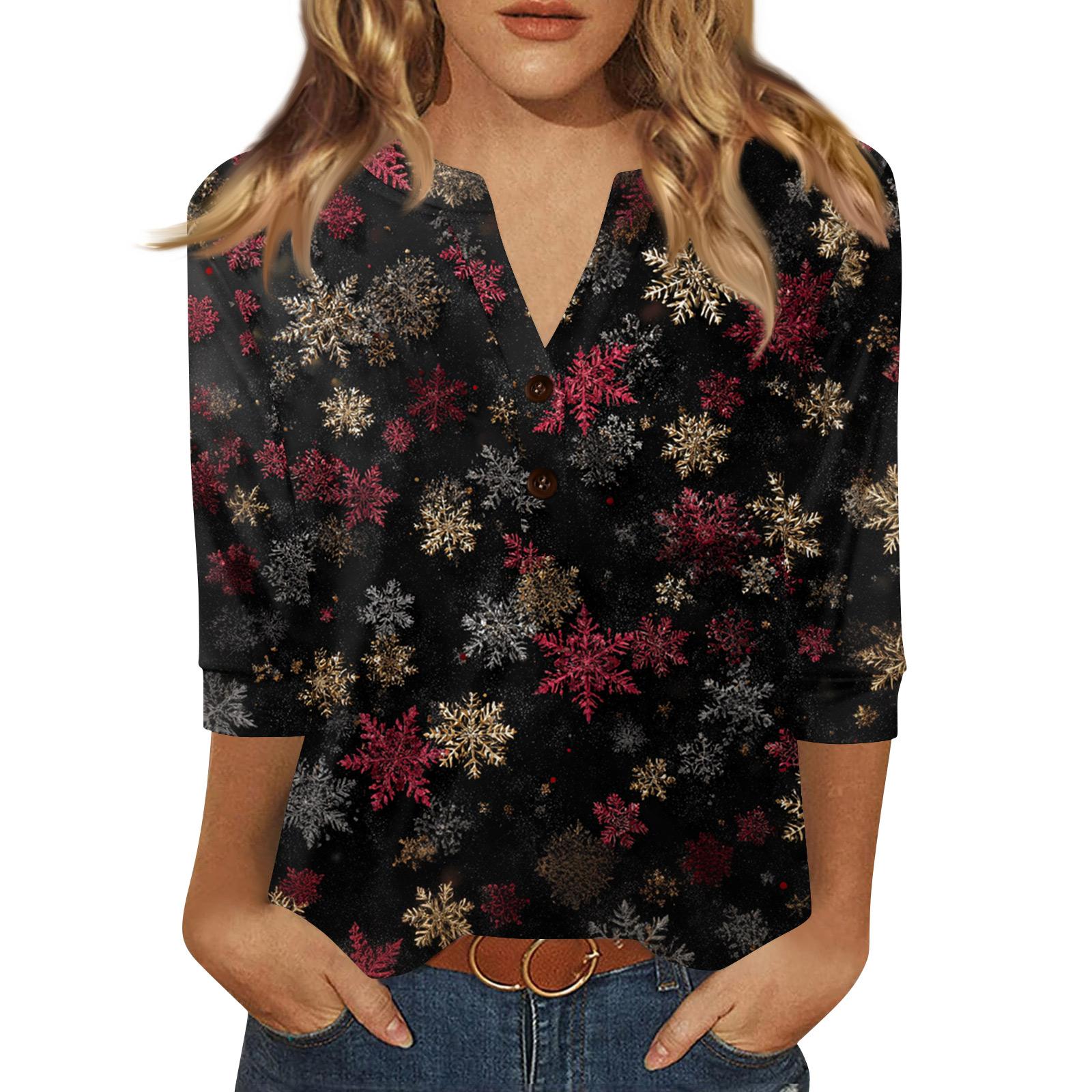 

Жен. Футболка С принтом Пуговицы Рукав 3/4 Повседневные Выходные Мода Классический Классический V-образный вырез Обычный Верх L чёрный