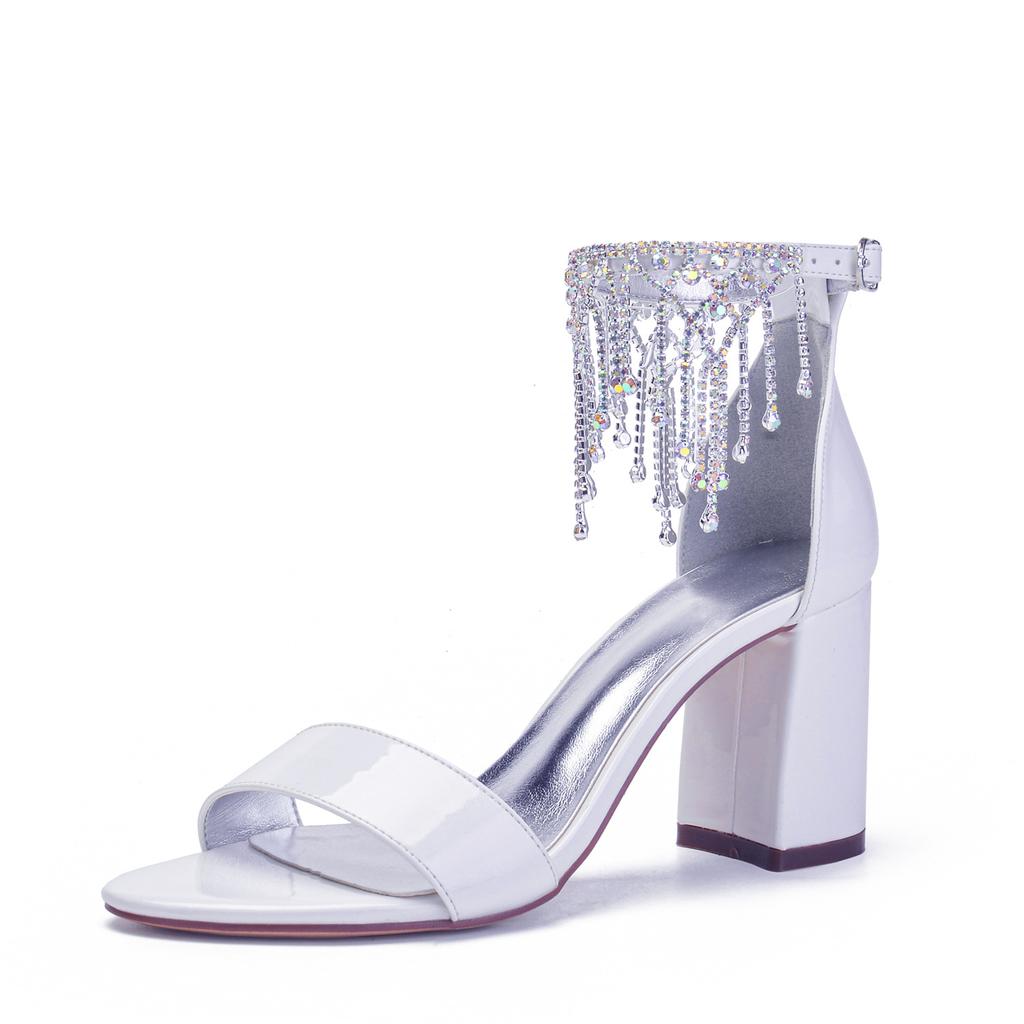 2025 White Satin Satin Thick Heel Large Size Rhinestone 7CM Sandals with Sandals