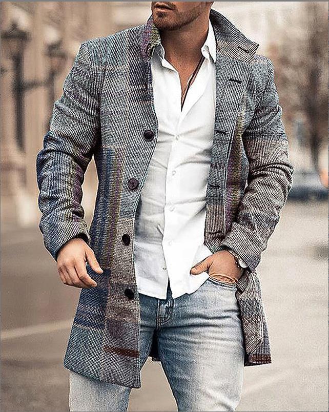 Men's Woolen Mid-Length Digital Print Coat - Autumn/Winter Collection