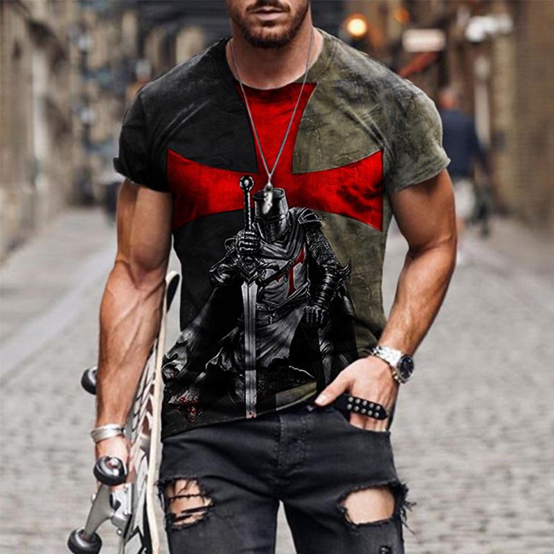 2024 Summer Retro Cross Pattern New Short Sleeved Round Neck Printed Men's T-shirt