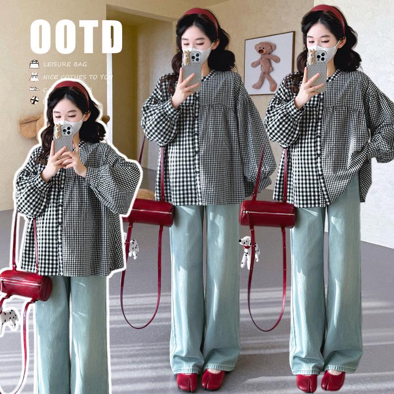 Spring 2026 Korean Fashion Plaid Loose Maternity Shirt M