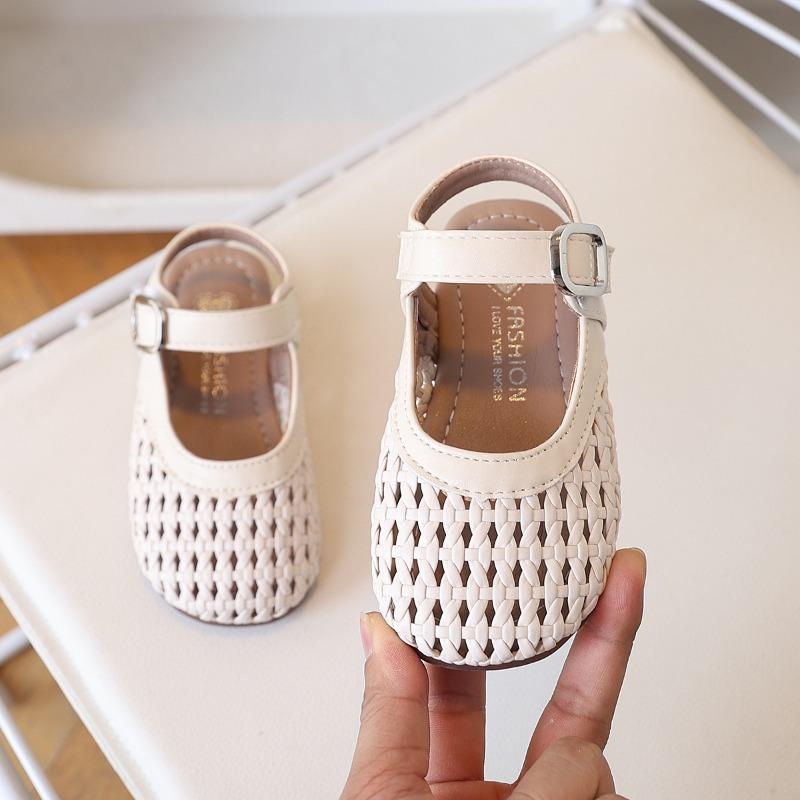 Kids Woven Hollow Out Mary Jane Sandals With Buckle 23 бежевый