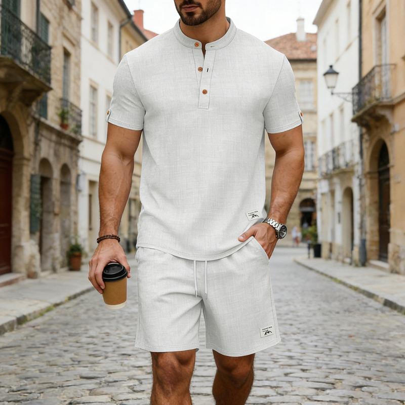 Men Mandarin Collar 3 Button Half Placket Linen Textured Short Sleeve Shirt With Cuff Buttons S белый