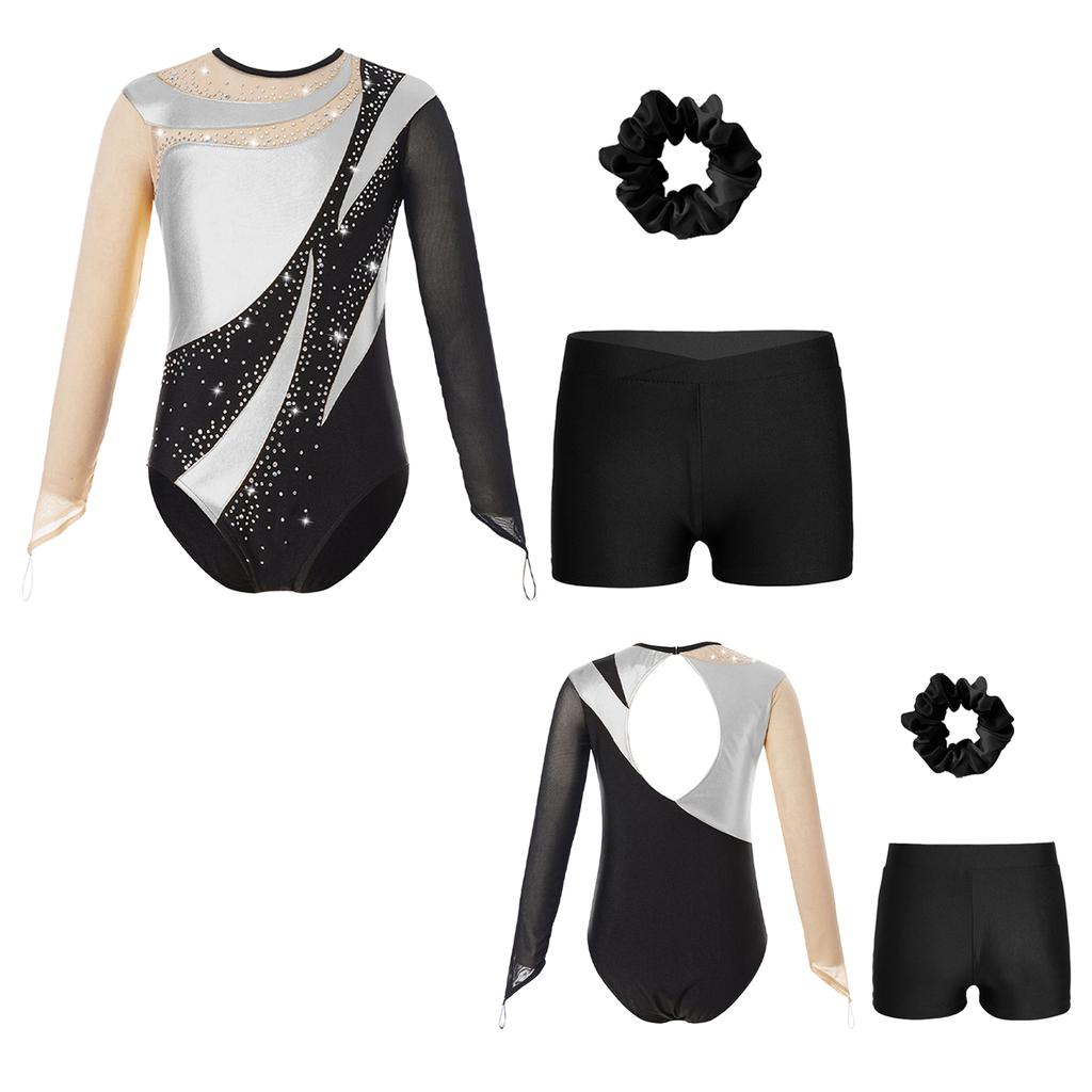 Kinderen Meisjes Dans Set Lange Mouw Ronde Hals Patchwork Uitsparing Achterkant Leotard met V-voorkant Tailleband Shorts en Haarelastiek Hoofddeksel voor Gymnastiek Skater