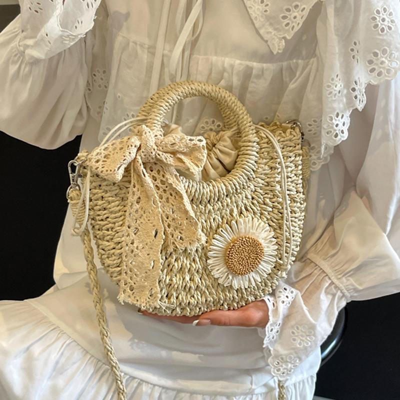 Yogodlns Women Straw Summer Beach Small Drawstring Shoulder Bag Fashion Woven Floral Decor Travel Half-moon Crossbody Bag