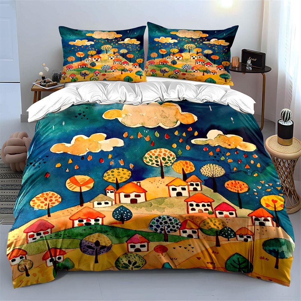 Colorful Trees, Houses, Clouds. Bedding Sets Duvet Cover Sets Duvet Covers Pillowcases(1 * Duvet Cover 2 * Pillowcases Without Duvet Insert)