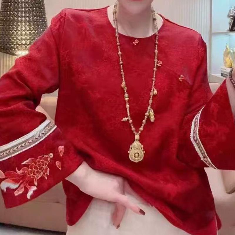 Women's Retro Red Long Sleeve Spring Pullover