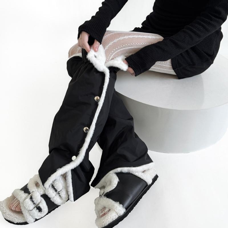 Women's Slouchy Leg Warmers with Side Split Buttons Solid Color Fleece Lined Drawstring Leg Covers Footless Long Socks