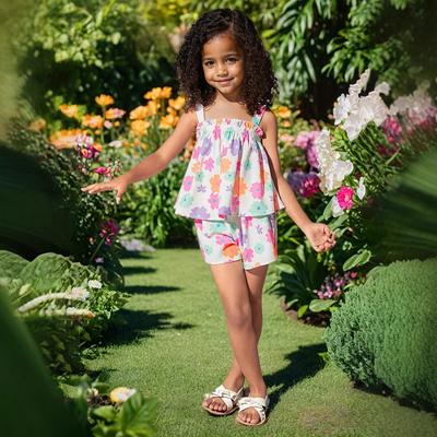 Set de vară pentru fete, top scurt cu imprimeu floral dulce și pantaloni scurți halter, set casual de modă pentru copii
