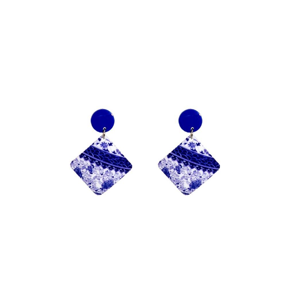 Chinese Style Blue and White Porcelain Earrings Wave Point Elegant Geometric Earrings  Lady/Gifts