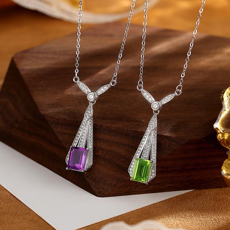 S925 Sterling Silver Art Deco Necklace Female Amethyst Peridot Geometric Pendant Light Luxury Clavicle Chain