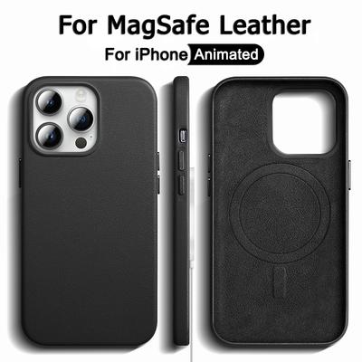 Lüks Deri Magsafe Kılıf iPhone 13 Mini 14 15 Pro Max Plus için Manyetik Kablosuz Şarj Kılıfı Animasyonlu Koruyucu Kapak