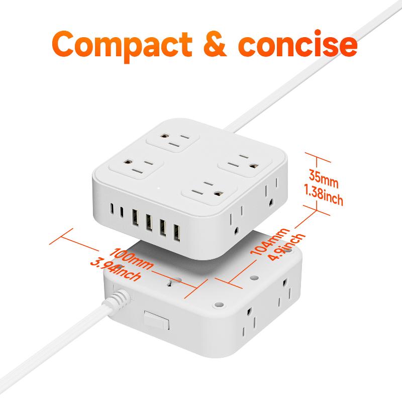 8Ac+4Usb Extension Cord Power Strip With Usb (Type C), Ultra-Thin Flat Plug For Travel/Home/Office